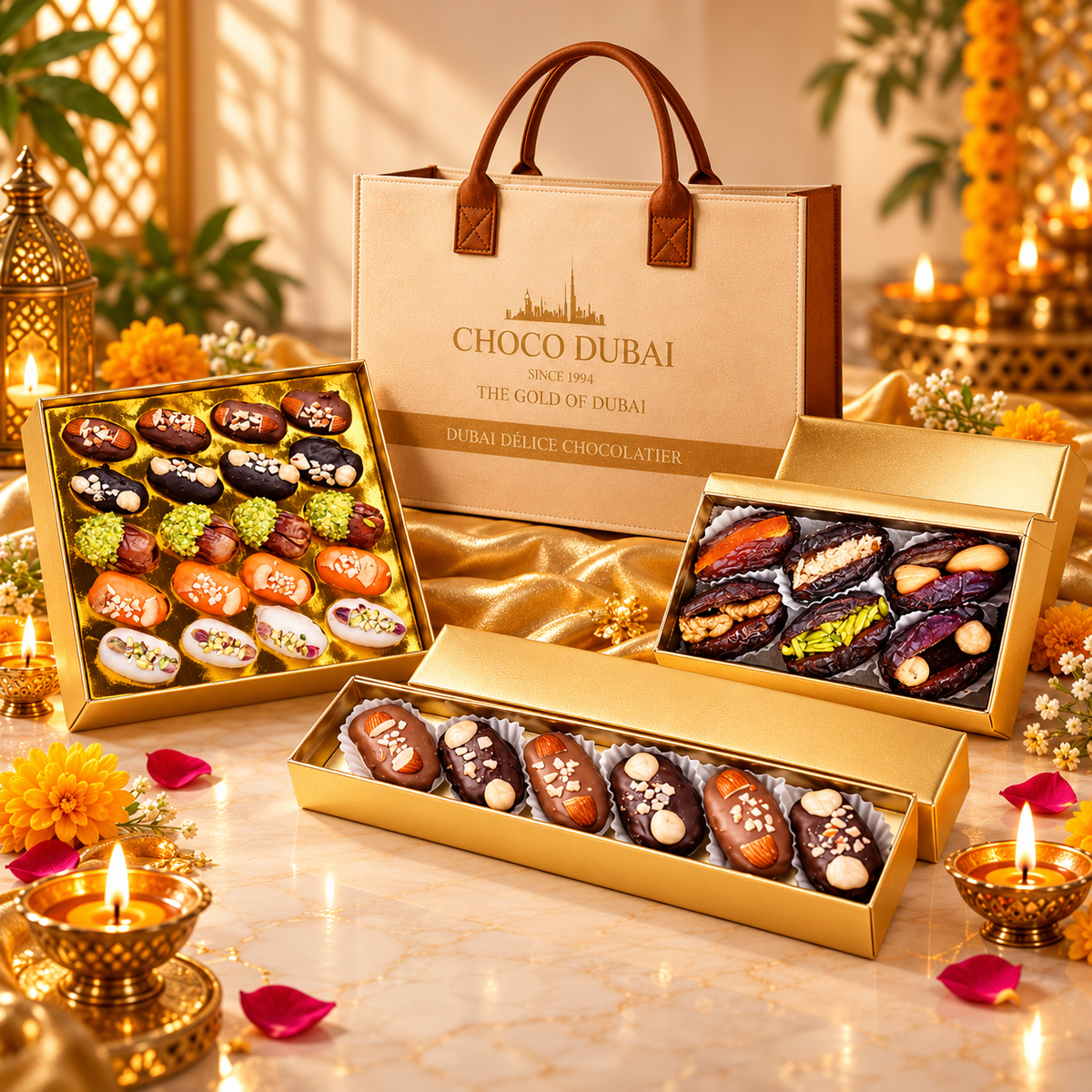 Choco Dubai Diwali Luxury Gift Set – 3 Premium Dates Boxes with Exclusive Gift Bag