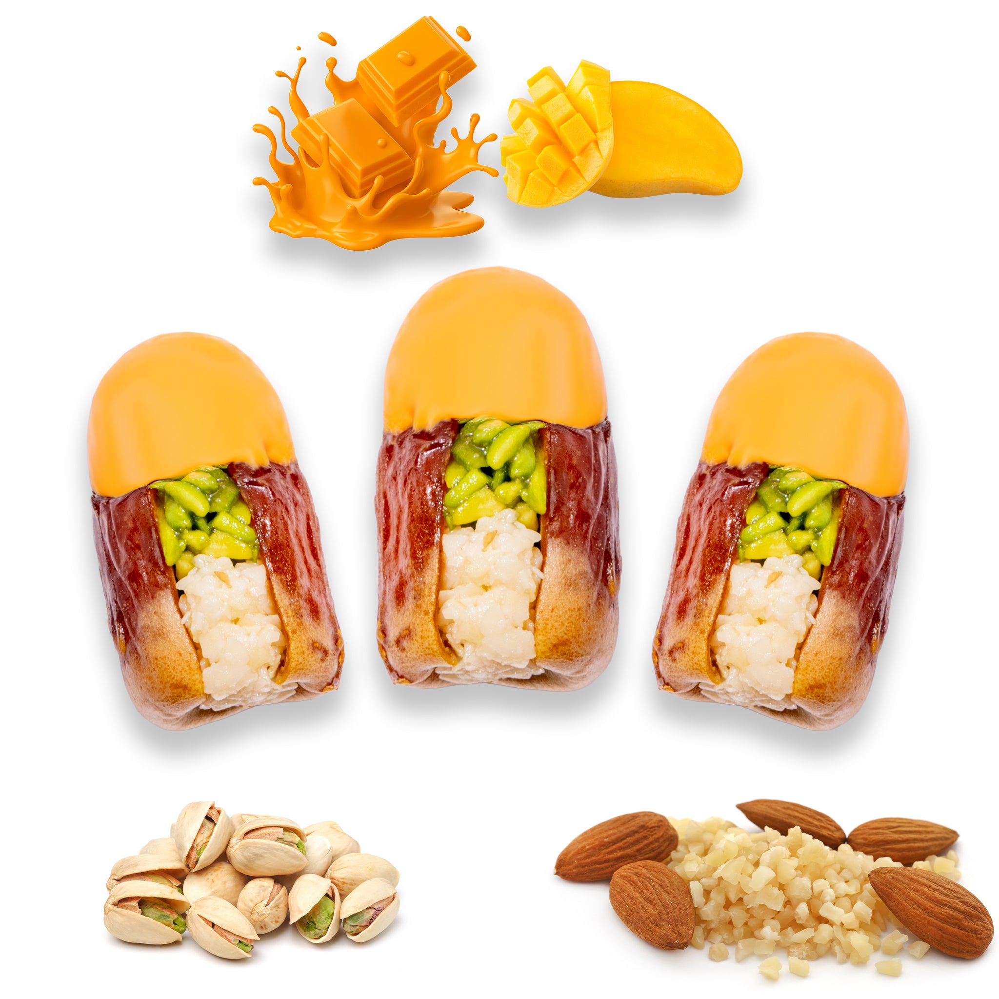 Luxury Sagi Dates Stuffed with Nuts & Half-Dipped in Mango Chocolate