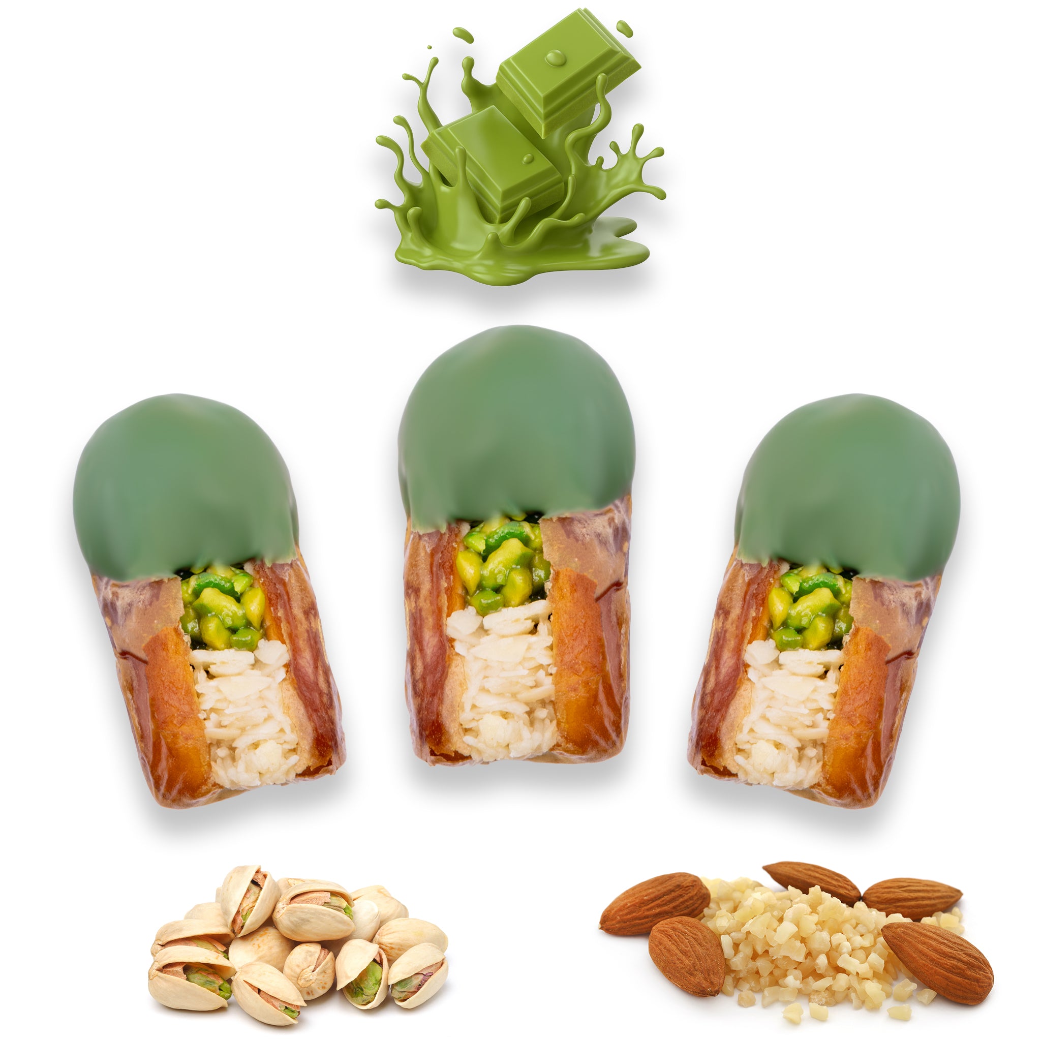 Luxury Sagi Dates Stuffed with Nuts & Half-Dipped in Matcha Chocolate