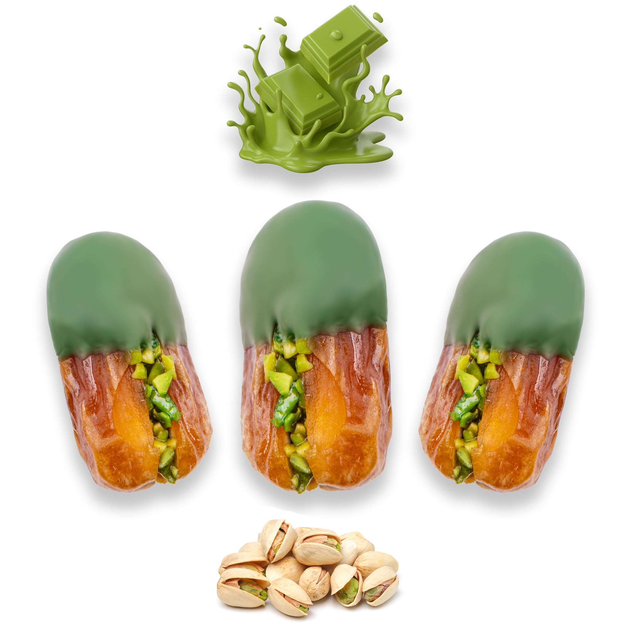 Luxury Sagi Dates Stuffed with Nuts & Half-Dipped in Matcha Chocolate