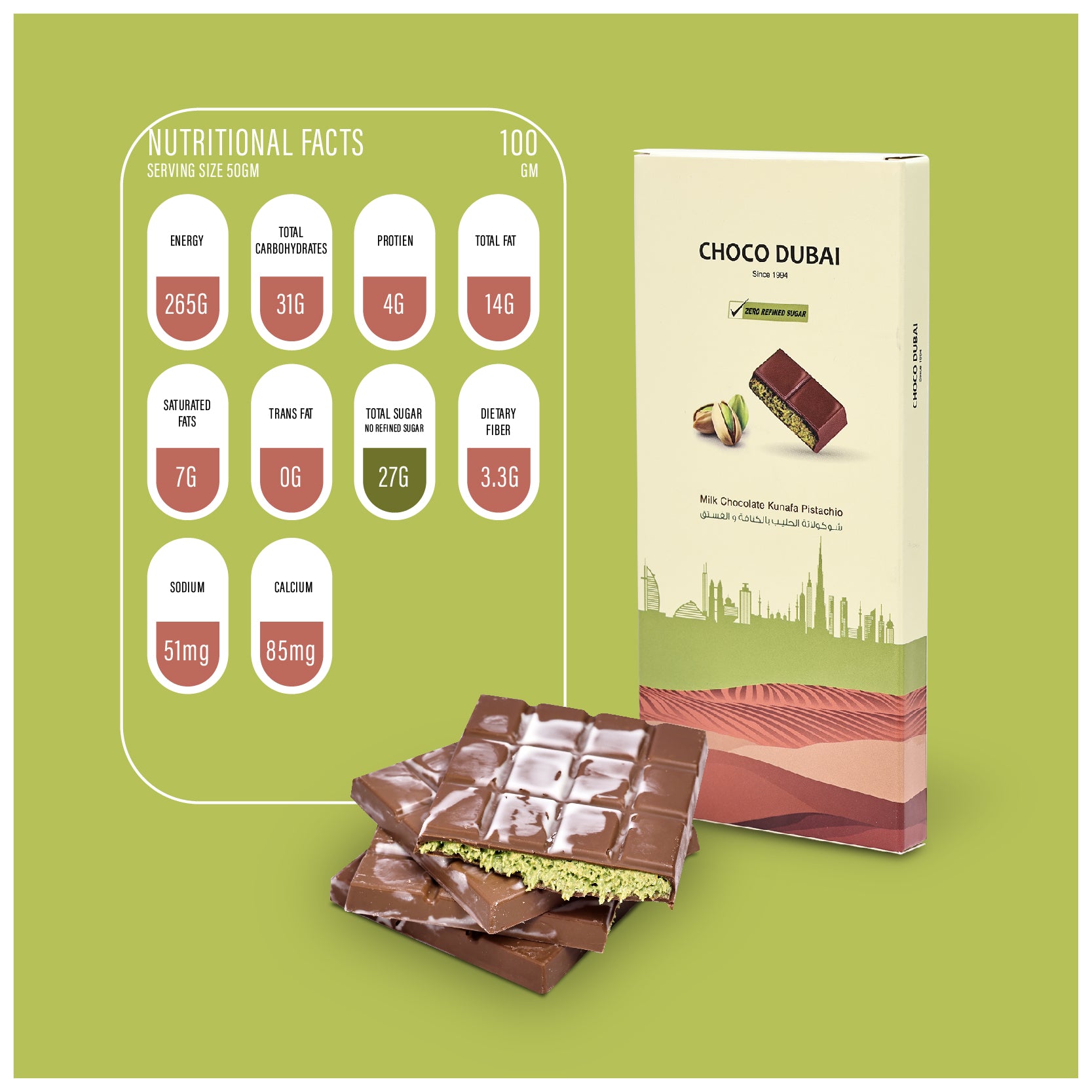 Milk Chocolate Kunafa Pistachio 100 GM (Zero Refined Sugar)