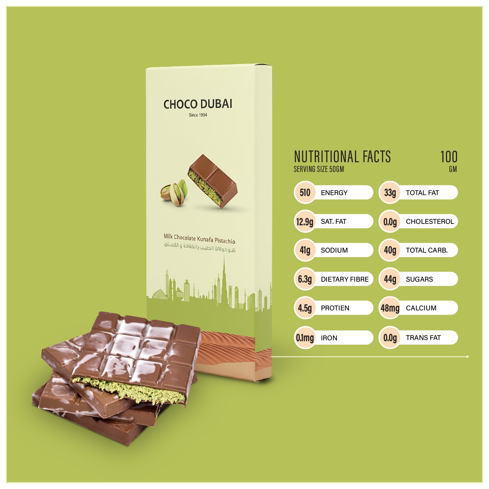 Milk Chocolate Kunafa Pistachio 100 GM