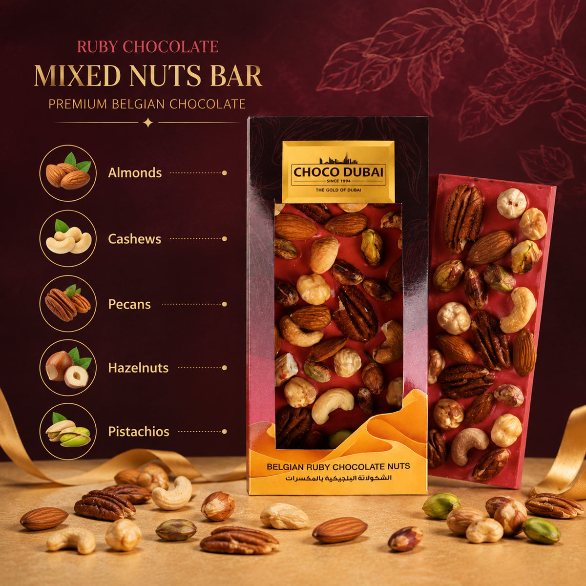 Belgian Ruby Chocolate Mixed Nuts Bar, 80g