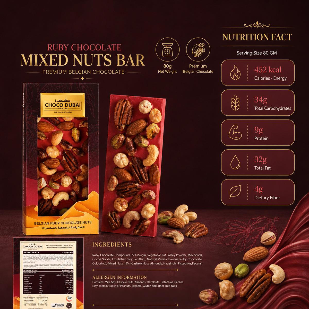 Belgian Ruby Chocolate Mixed Nuts Bar, 80g