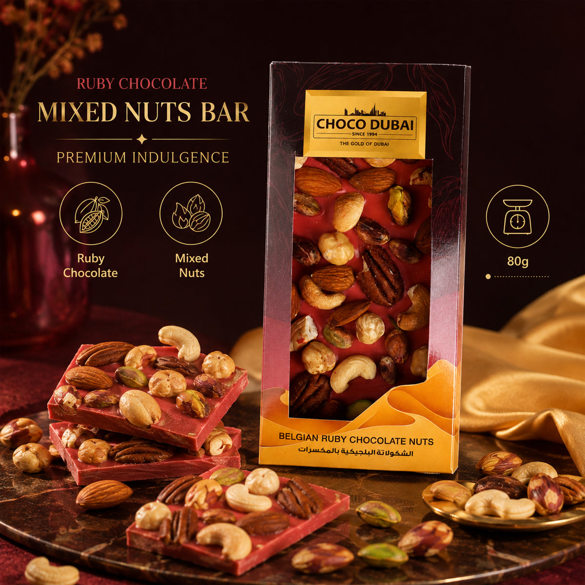 Belgian Ruby Chocolate Mixed Nuts Bar, 80g