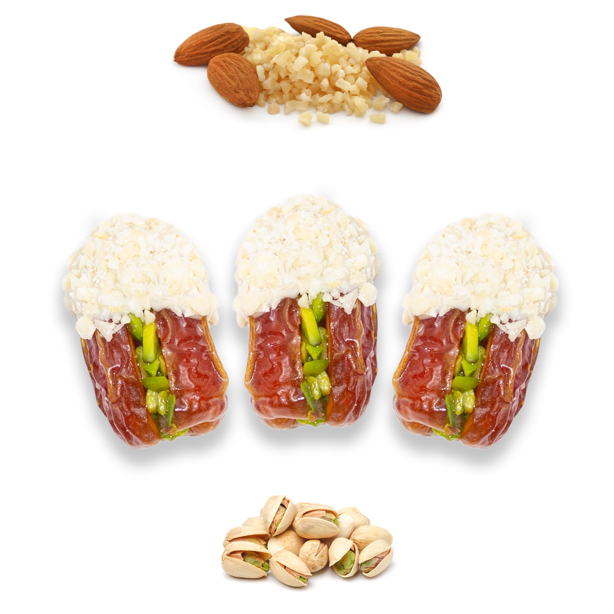 Luxury Sagi Dates Stuffed with Nuts & Half-Dipped in Almond Chocolate