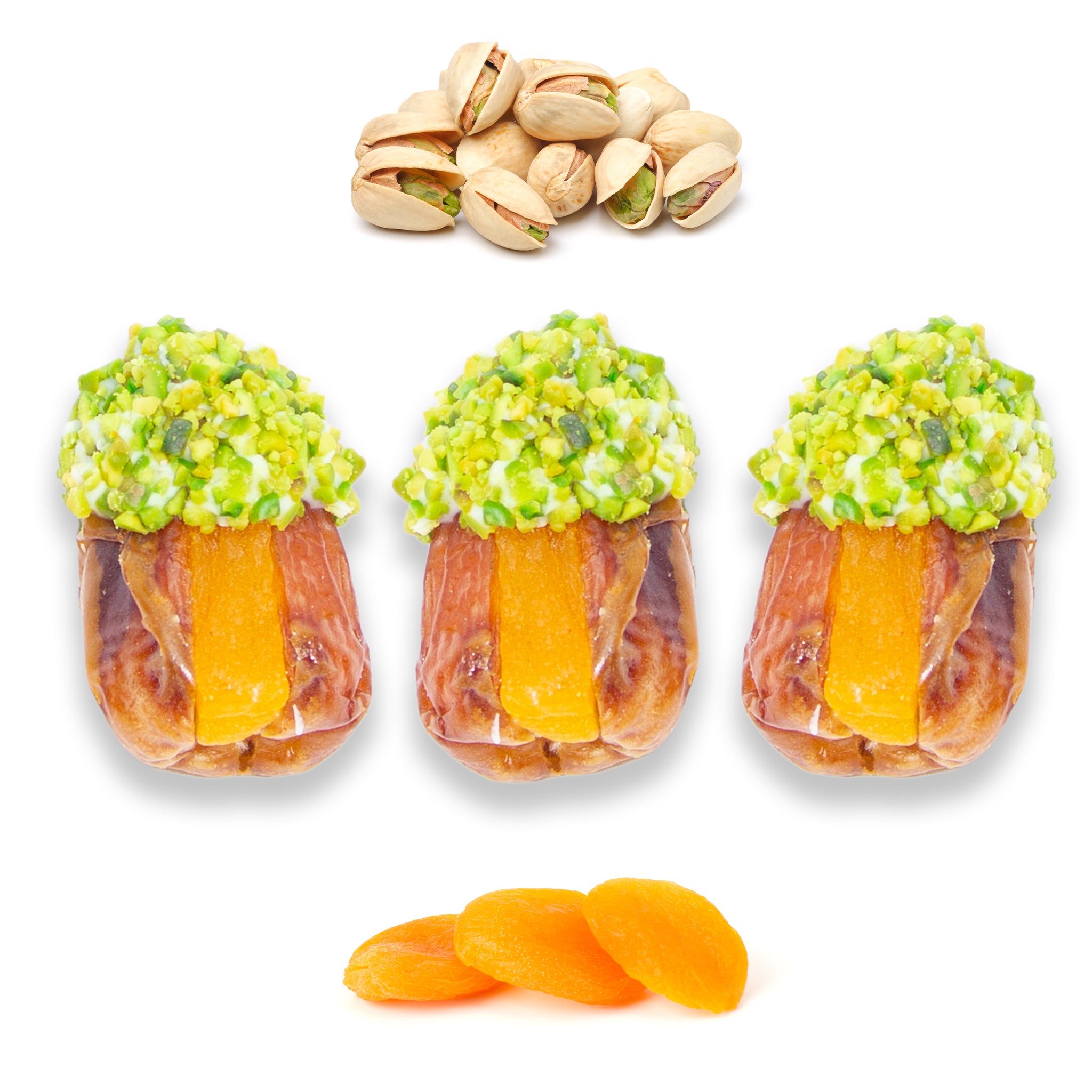 Luxury Sagi Dates Stuffed with Nuts & Half-Dipped in Pistachio Chocolate