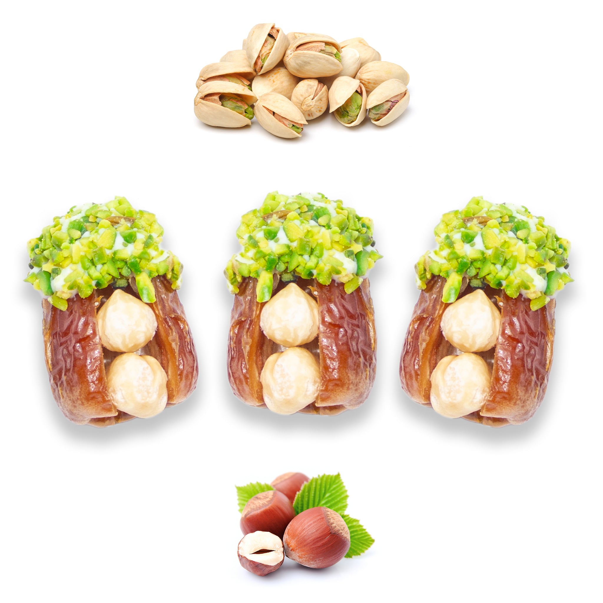 Luxury Sagi Dates Stuffed with Nuts & Half-Dipped in Pistachio Chocolate