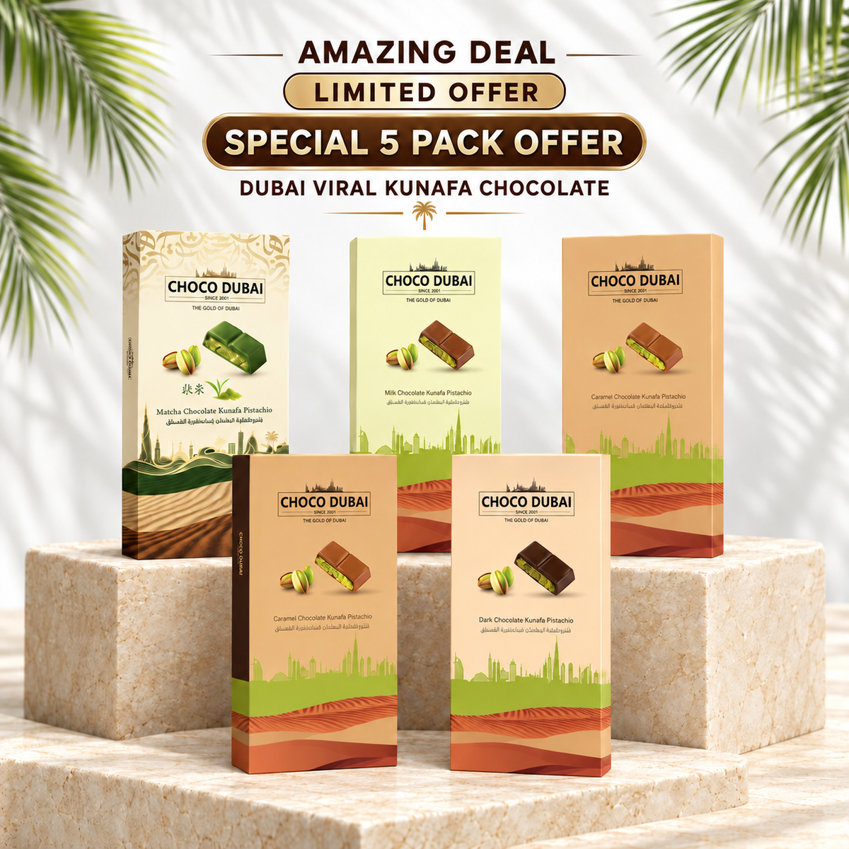 Dubai Kunafa Chocolate 4-Pack Bundle | Dark, Zero Sugar, Caramel & Matcha Pistachio