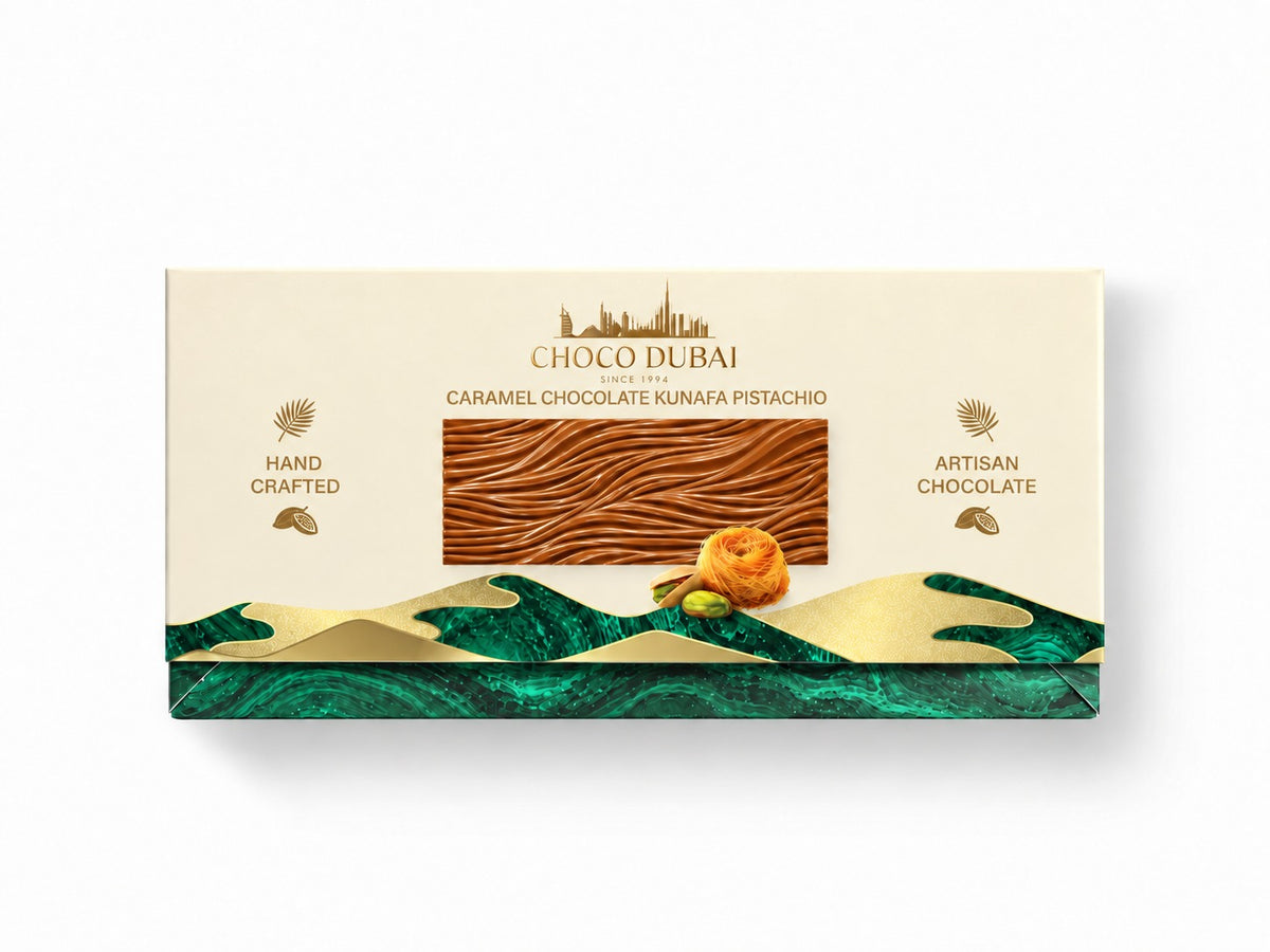 Choco Dubai Caramel Chocolate Kunafa Pistachio Bar – Handcrafted Artisan Chocolate with Pistachio & Kunafa, 150g