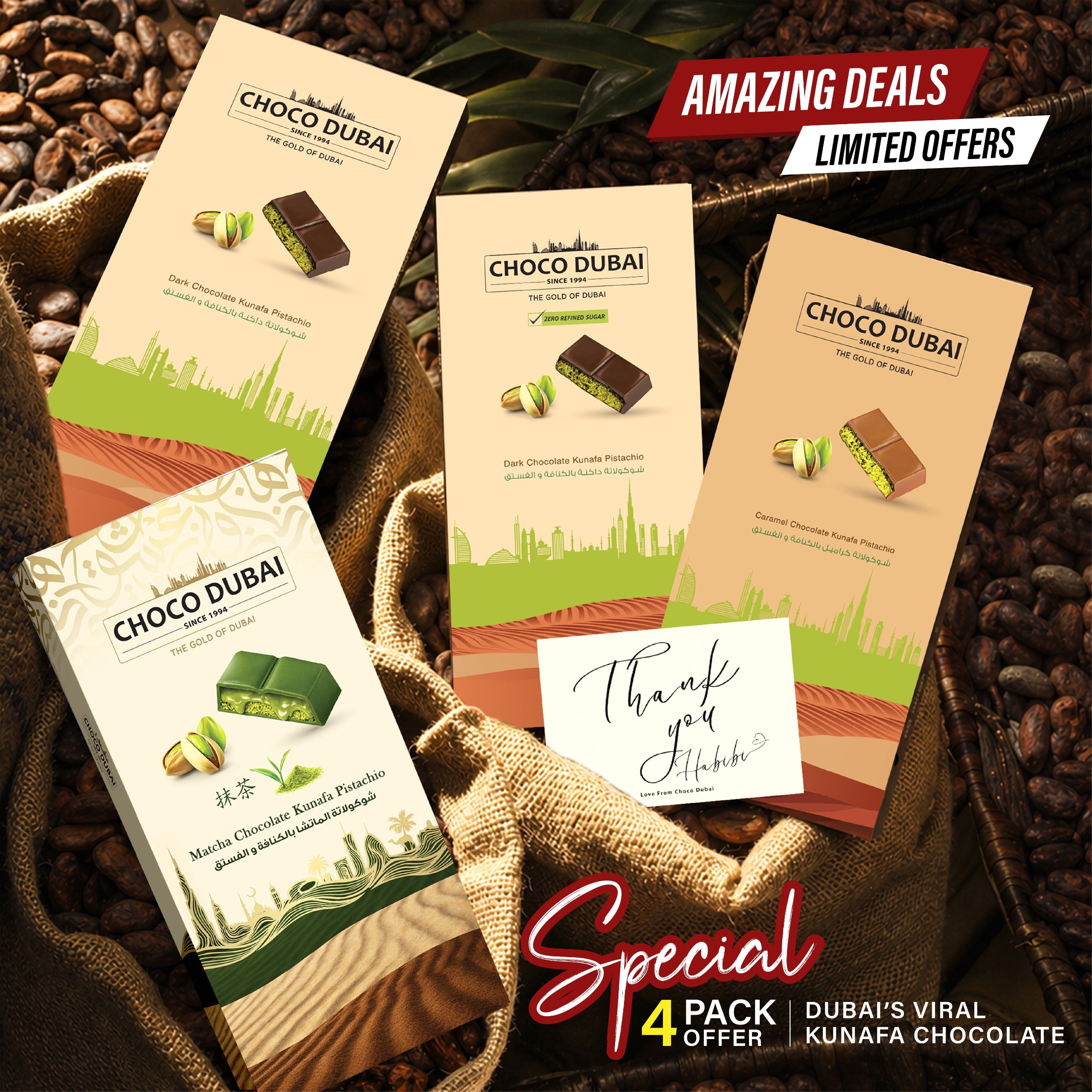 Dubai Kunafa Chocolate 4-Pack Bundle | Dark, Zero Sugar, Caramel & Matcha Pistachio