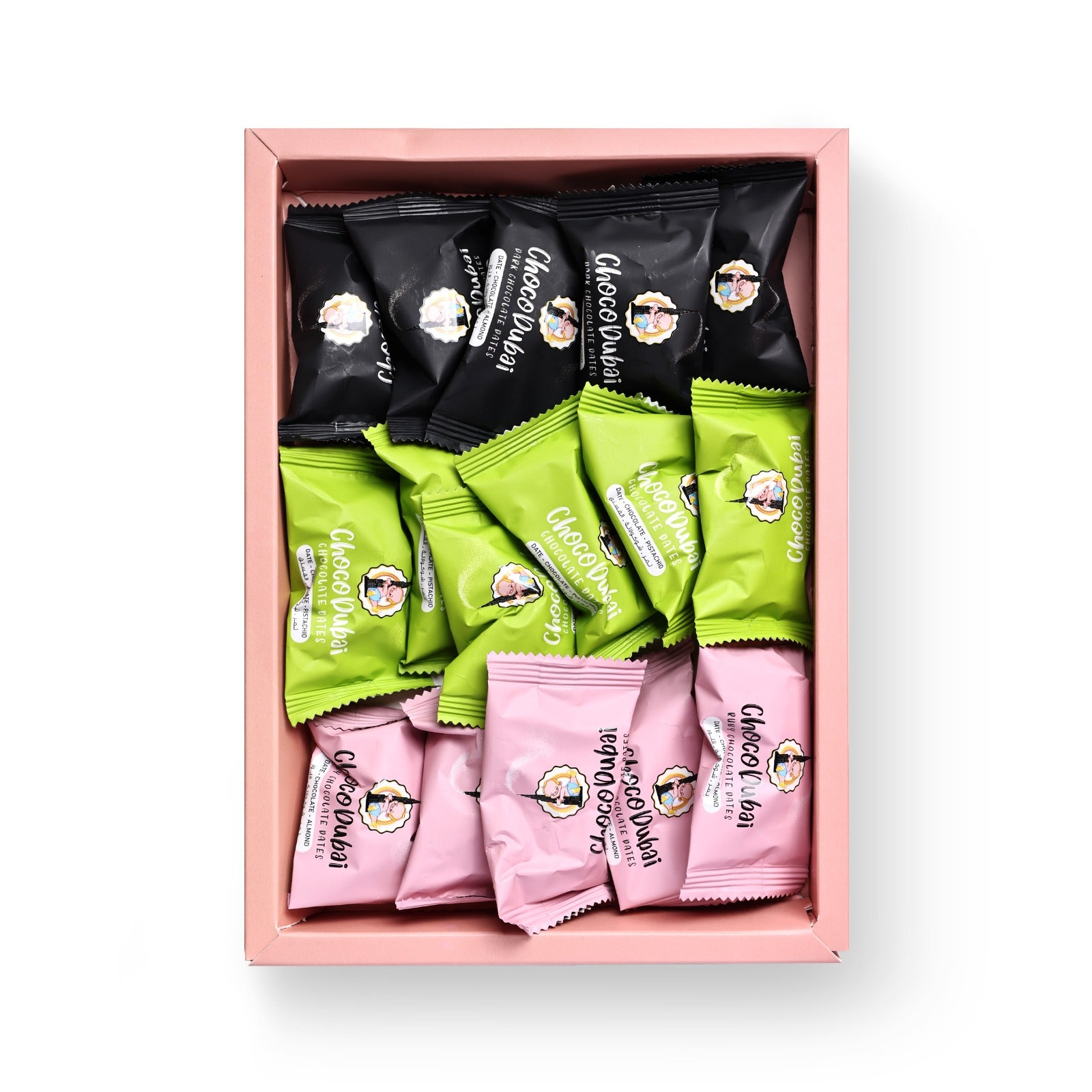 Choco Dubai Premium Chocolate Dates – Ruby, Kunafah Pistachio & Coffee (250g)