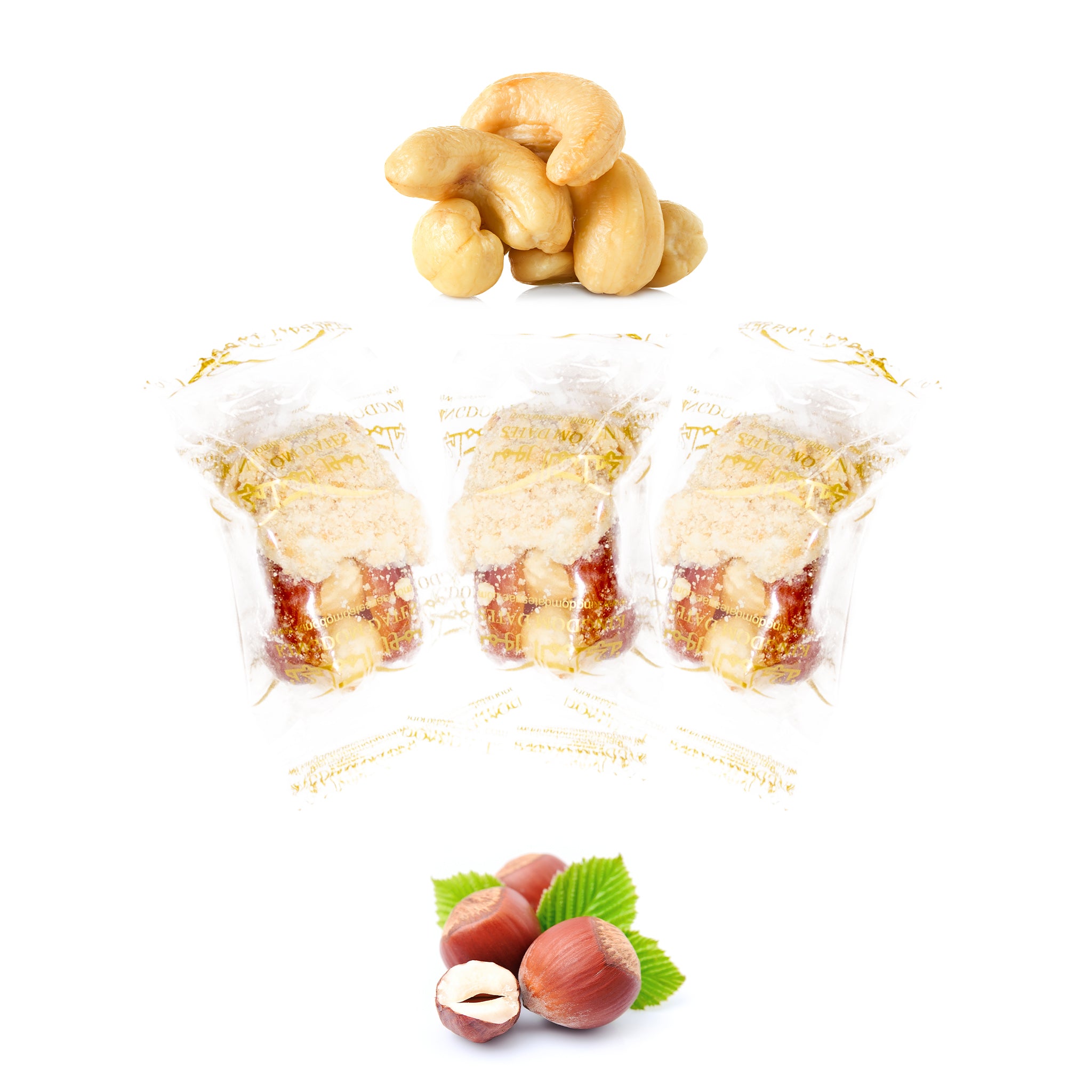 Luxury Sagi Dates Stuffed with Nuts & Half-Dipped in Cashew Chocolate (Wrapped)