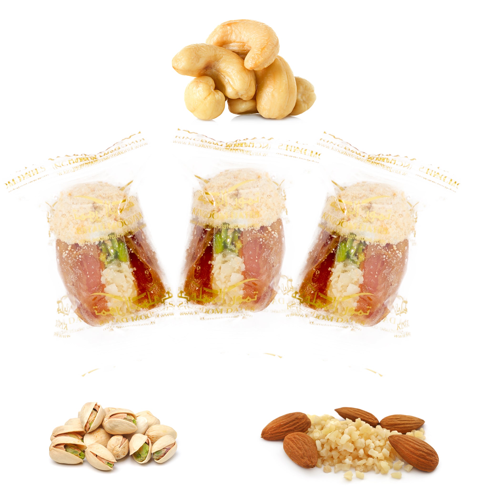 Luxury Sagi Dates Stuffed with Nuts & Half-Dipped in Cashew Chocolate (Wrapped)