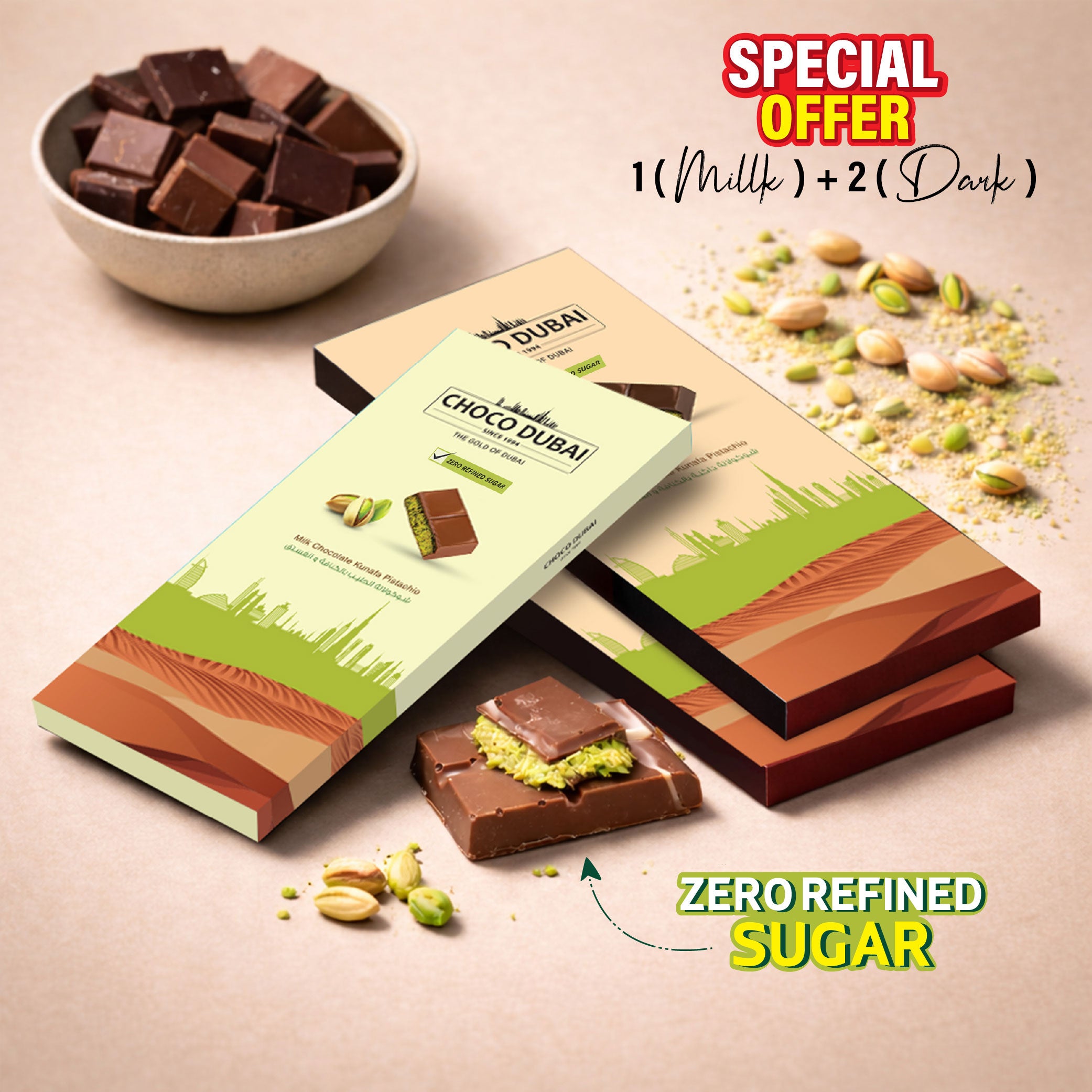 Viral Kunafa Pistachio Chocolate 2 Dark & 1 Milk Zero Refined Sugar