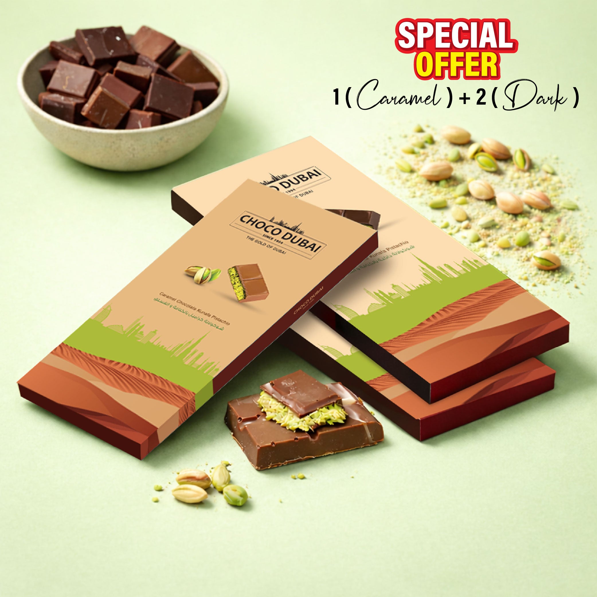 Viral Kunafa Pistachio Chocolate Offer 2 Dark & 1 Caramel