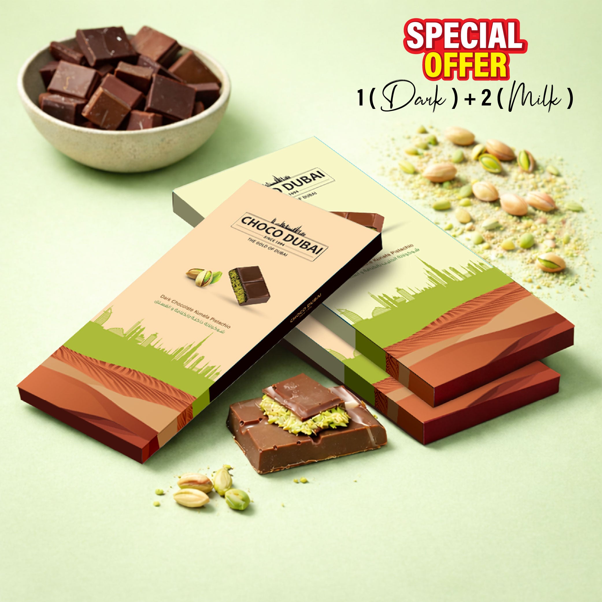 Viral Kunafa Pistachio Chocolate Offer 2 Milk & 1 Dark