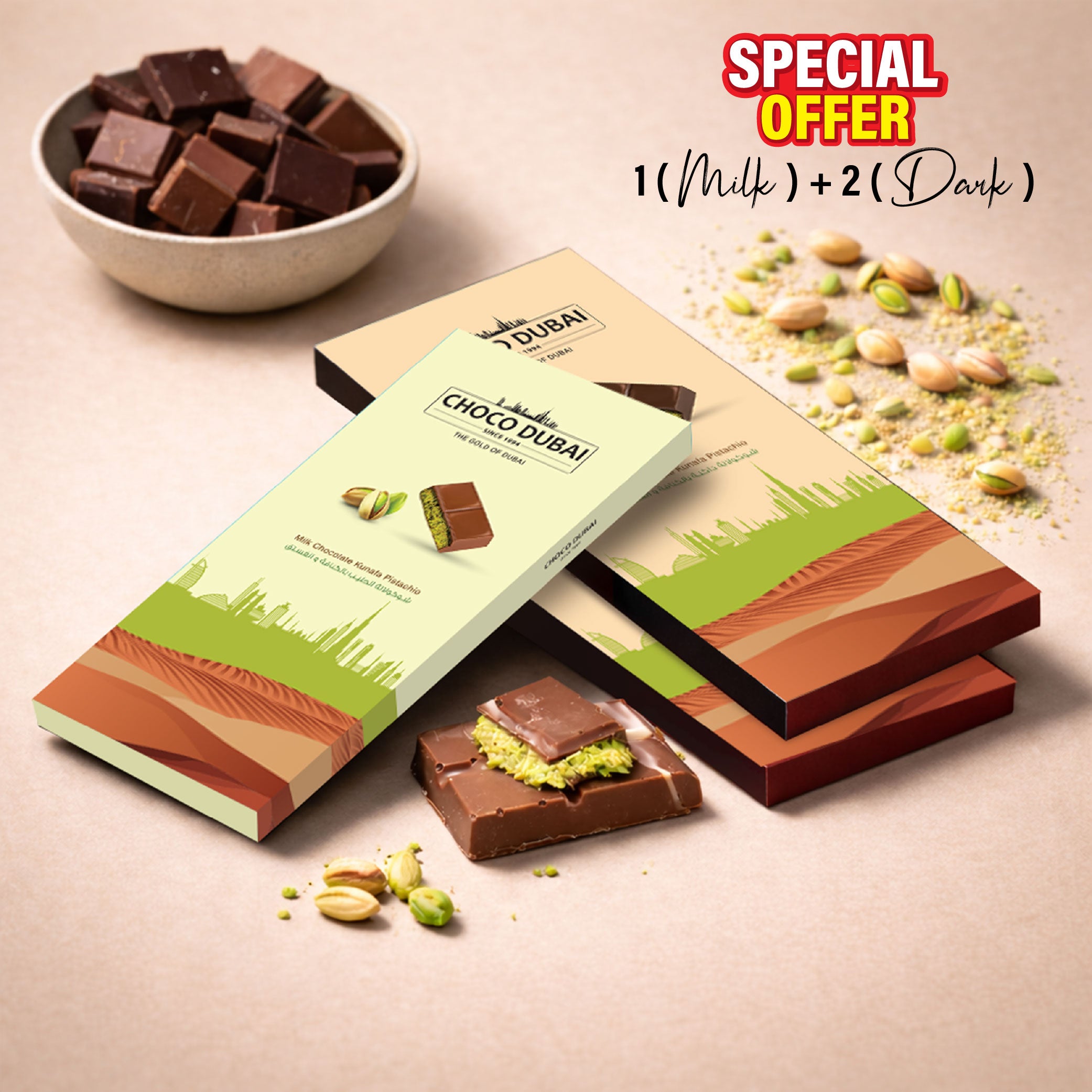 Viral Kunafa Pistachio Chocolate Offer 2 Dark & 1 Milk