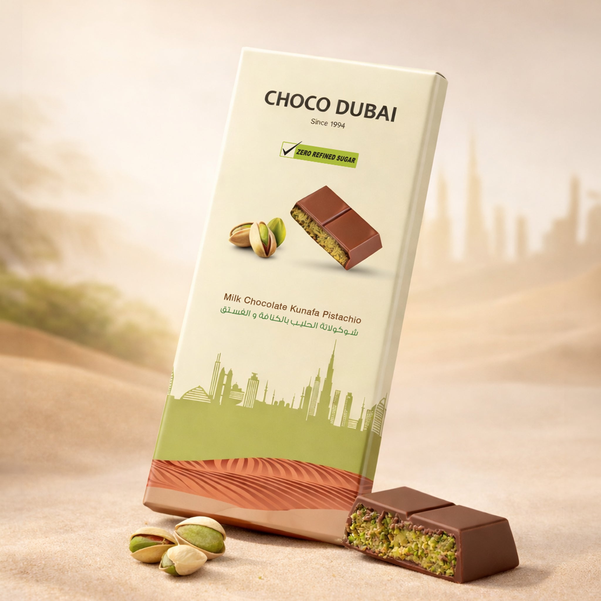 Viral Milk Chocolate Kunafa Pistachio – 100g | Zero Refined Sugar