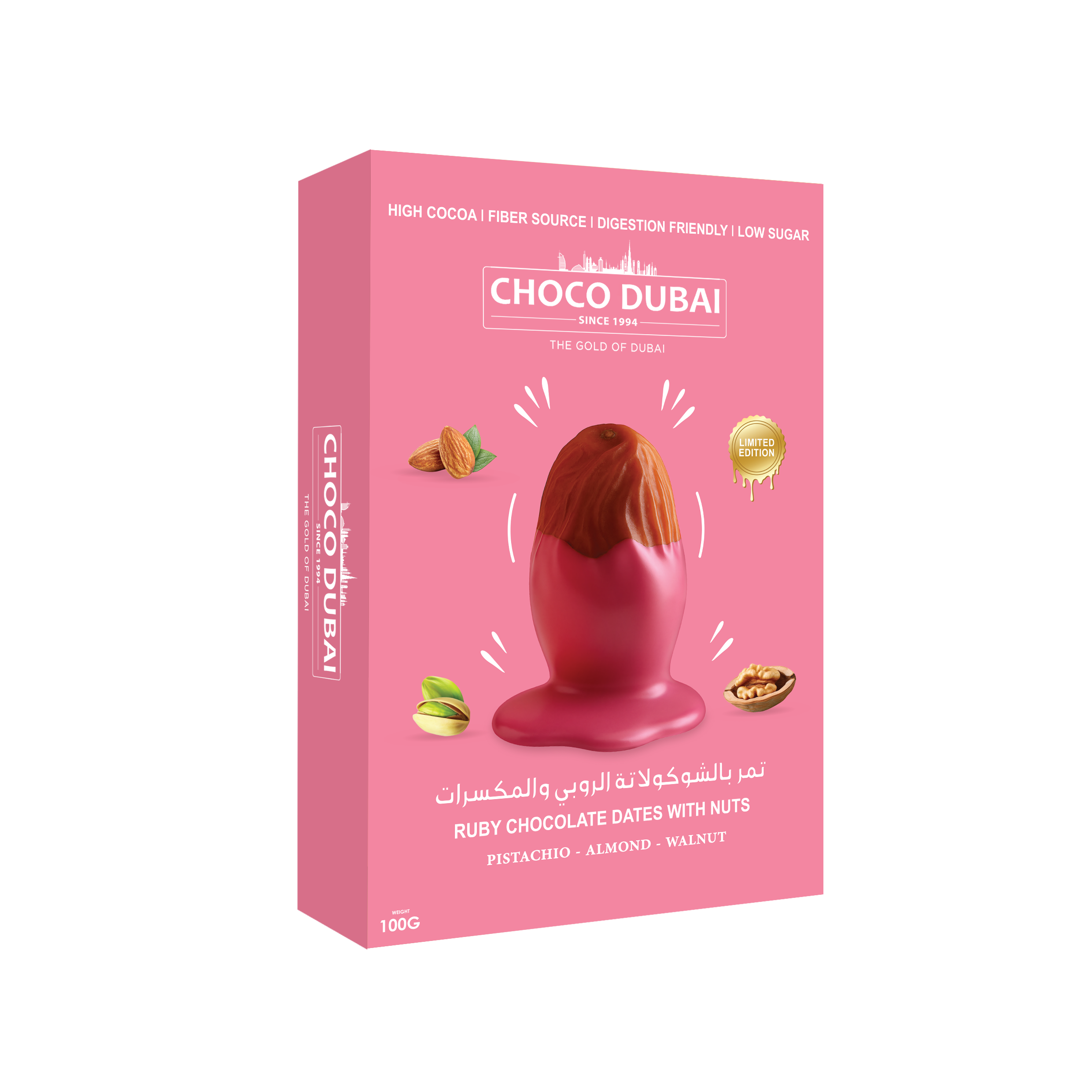 Choco Dubai Ruby Chocolate Dates with Nuts – Dubai Edition (100g)