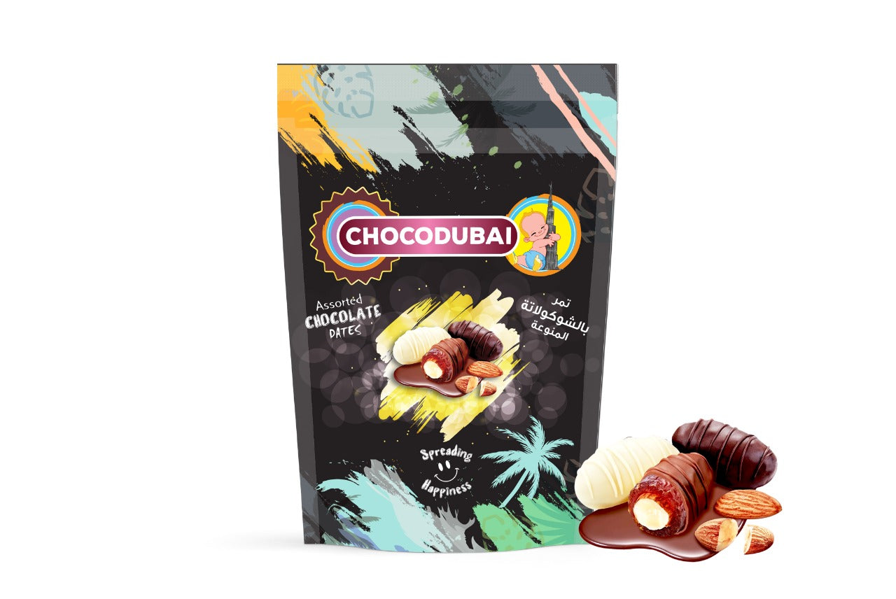Dark Chocolate Dates with Nuts 350g (Black Pouch) - choco-dubai